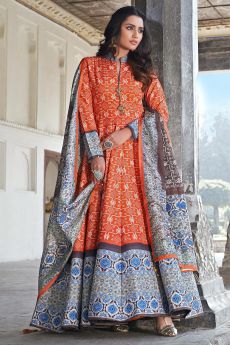 Ready To Wear Orange And Blue Jacquard Silk Printed Long Anarkali Dress with Silk Dupata