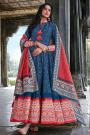 Ready To Wear Blue And Red Jacquard Silk Printed Long Anarkali Dress with Silk Dupata