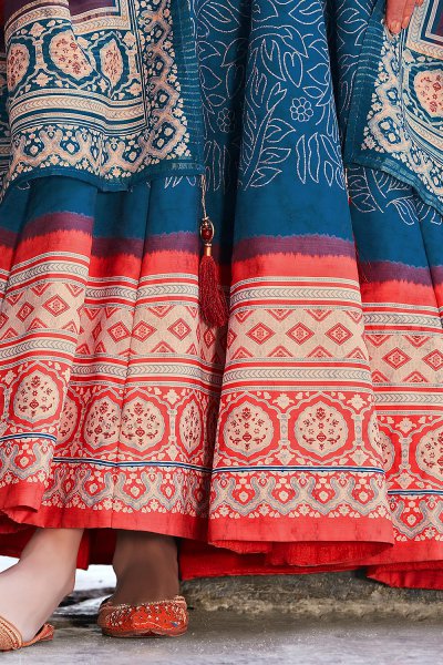 Ready To Wear Blue And Red Jacquard Silk Printed Long Anarkali Dress with Silk Dupata