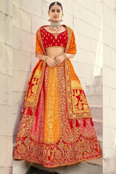 Beautiful Red and Orange Silk Lehenga Choli with Zari Detailing