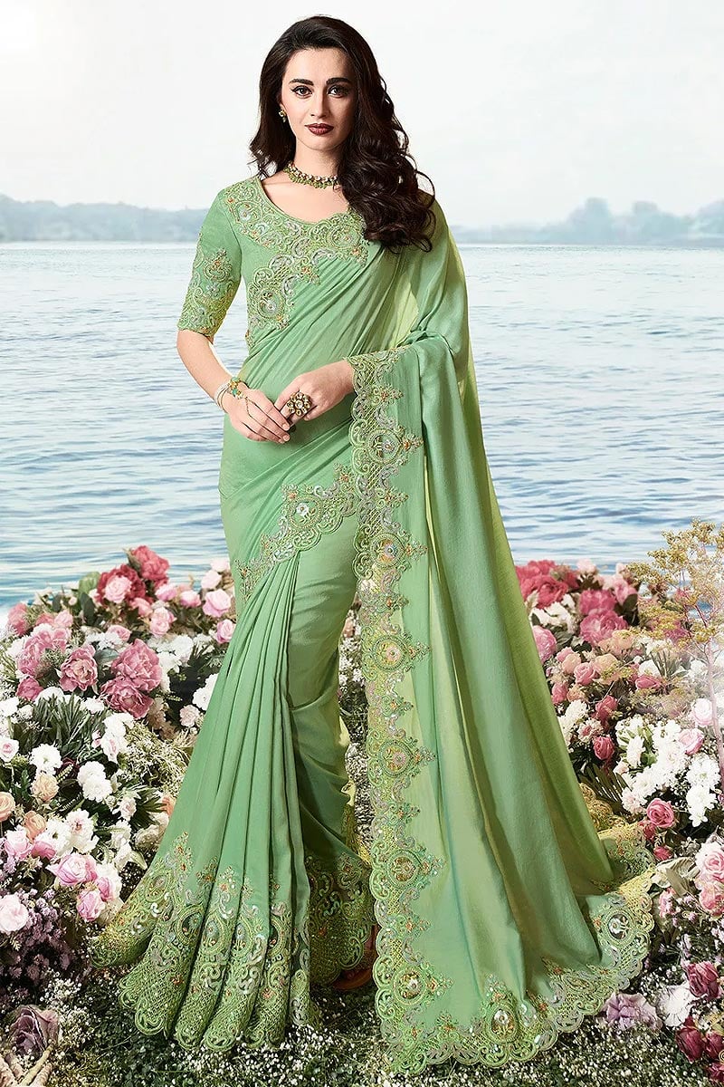 Buy Mint Green Embroidered Saree In Art Silk Online Like A Diva 