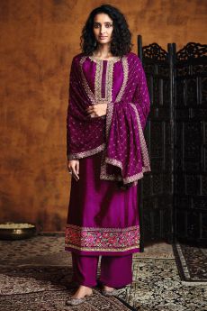 Magenta Zari Embroidered Salwar Suit in Silk with Dupatta
