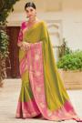 Mehendi Green Pure Banarsi Silk Saree With Pink Banarsi Border