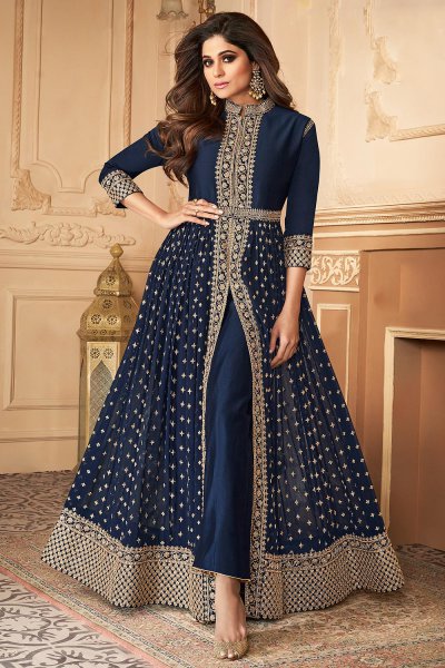 Navy Blue Zari Embroidered Anarkali Suit in Georgette with Dupatta