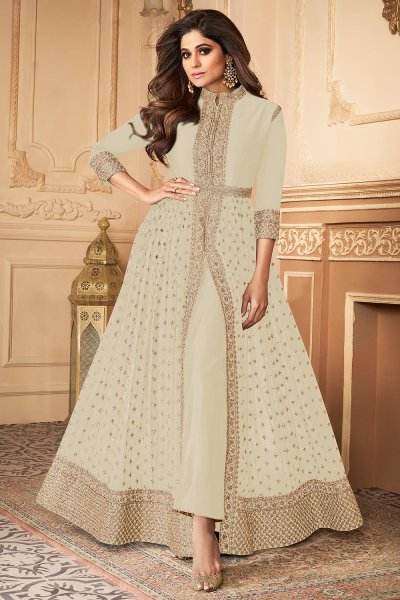 Cream White Zari Embroidered Anarkali Suit in Georgette with Dupatta