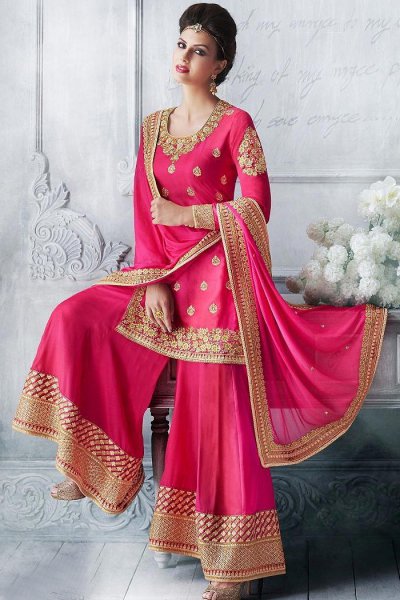 Bright Pink Heavy Embroidered Silk Palazzo Suit