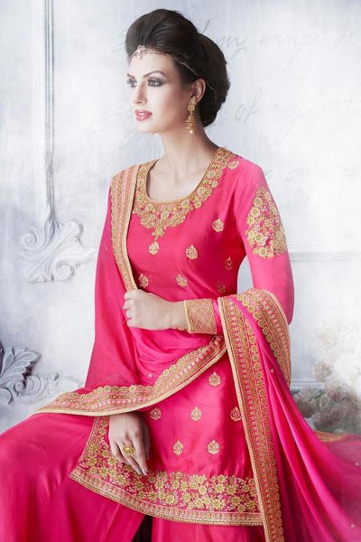 Bright Pink Heavy Embroidered Silk Palazzo Suit