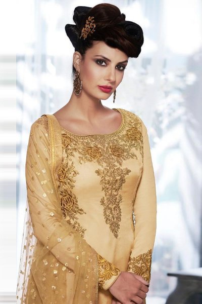 Beige Golden Silk Salwar Kameez with Heavy Embroidery