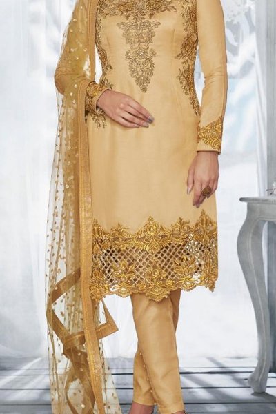 Beige Golden Silk Salwar Kameez with Heavy Embroidery
