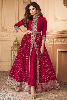 Crimson Zari Embroidered Anarkali Suit in Georgette with Dupatta