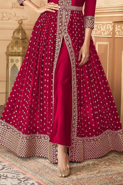 Crimson Zari Embroidered Anarkali Suit in Georgette with Dupatta