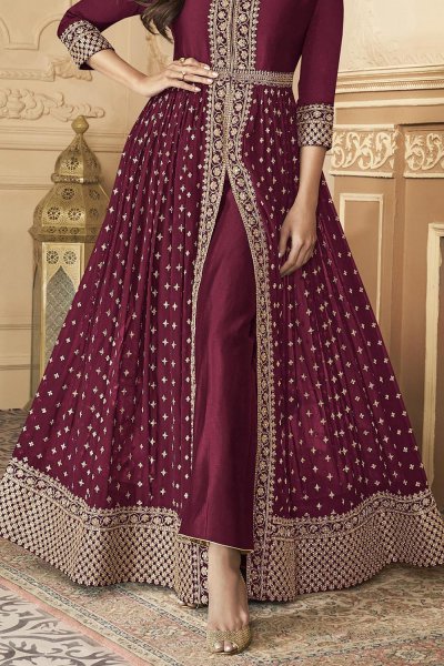 Plum Zari Embroidered Anarkali Suit in Georgette with Dupatta