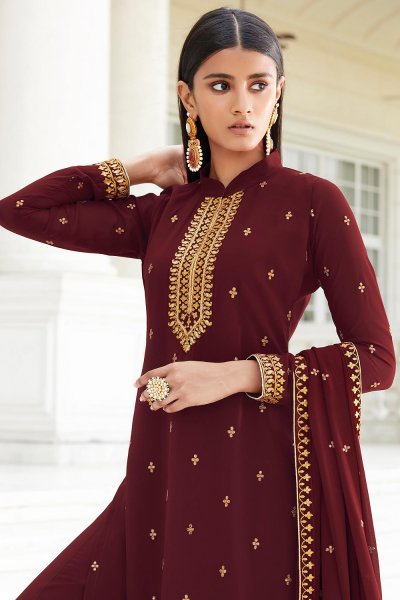 Garnet Red Zari Embroidered Georgette Flared Palazzo Suit