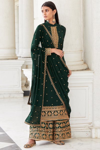 Bottle Green Zari Embroidered Georgette Flared Palazzo Suit