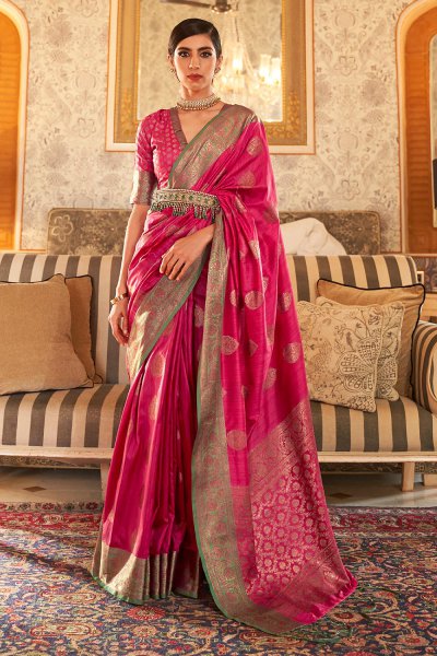 Pink Tussar Silk Weaved Saree