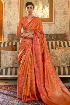 Orange Tussar Silk Weaved Saree