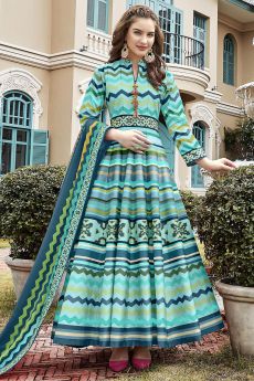 Ready To Wear Blue Chevron Style Patola Print Indian Silk Anarkali Dress