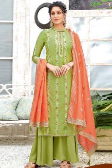 Ready to Wear Green Hand Weaved Cotton Palazzo Suit