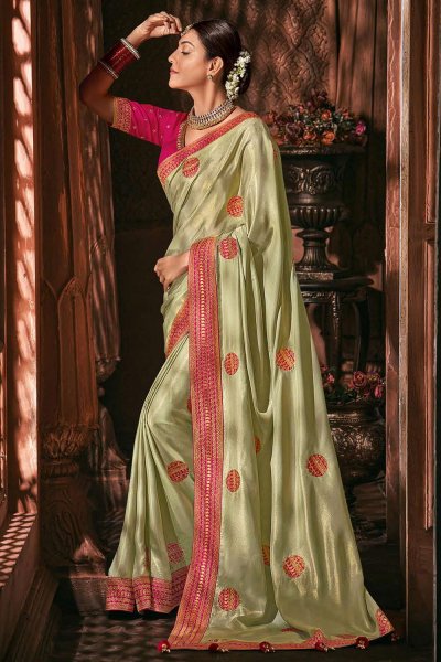 Shiny Light Green Silk Embroidered Saree