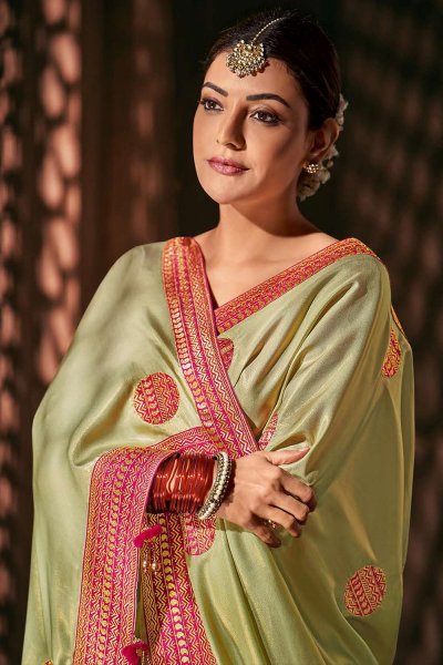 Shiny Light Green Silk Embroidered Saree