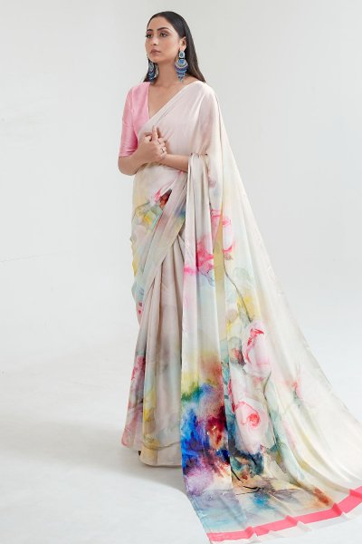 White Satin Silk Multi Colour Floral Print Saree