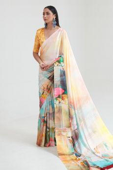 Yellow Satin Silk Multi Colour Floral Print Saree
