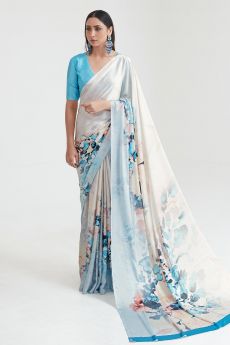 White And Blue Satin Silk Multi Colour Floral Print Saree