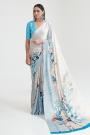 White And Blue Satin Silk Multi Colour Floral Print Saree