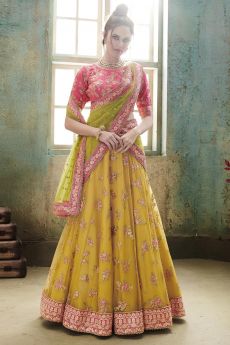 Yellow & Pink Net Embroidered Lehenga Set