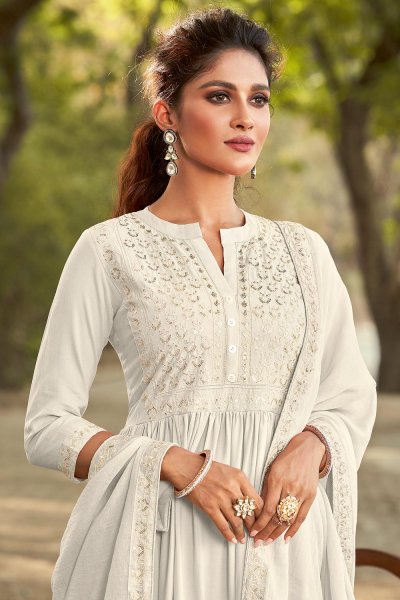 Pearl White Embroidered Anarkali Style Suit