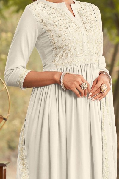 Pearl White Embroidered Anarkali Style Suit