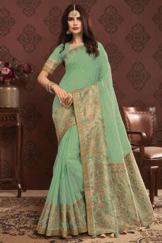 Mint Green Zari Weaved Banarasi Cotton Saree