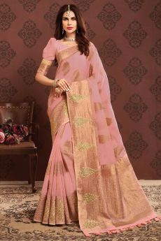 Light Pink Grey Zari Weaved Banarasi Cotton Saree