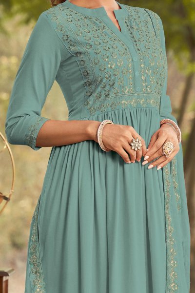 Pale Teal Embroidered Anarkali Style Suit