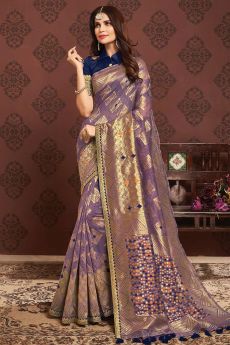 Dusky Purple Zari Weaved Banarasi Cotton Saree