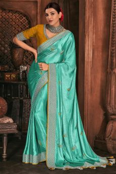 Shiny Turquoise Blue Silk Embroidered Saree With Mustard Yellow Blouse
