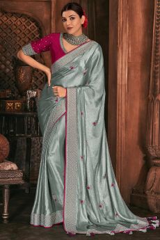 Shiny Silver Grey Silk Embroidered Saree With Magenta Blouse