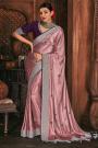 Shiny Dusky Pink Silk Embroidered Saree With Wine Blouse