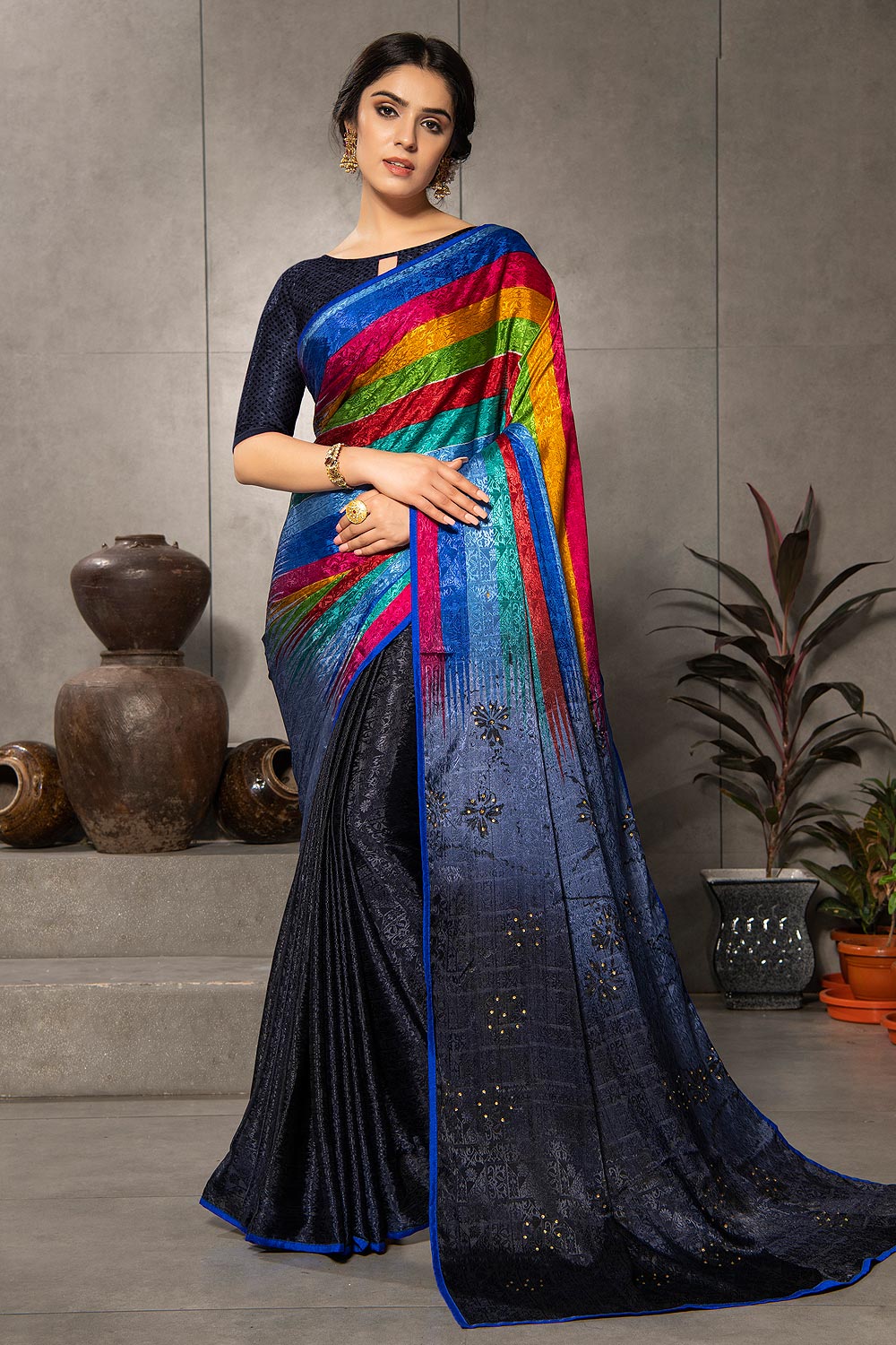 Multi Colour, Blue-Grey Silk Jacquard Printed Saree