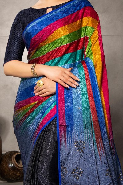 Multi Colour, Blue-Grey Silk Jacquard Printed Saree