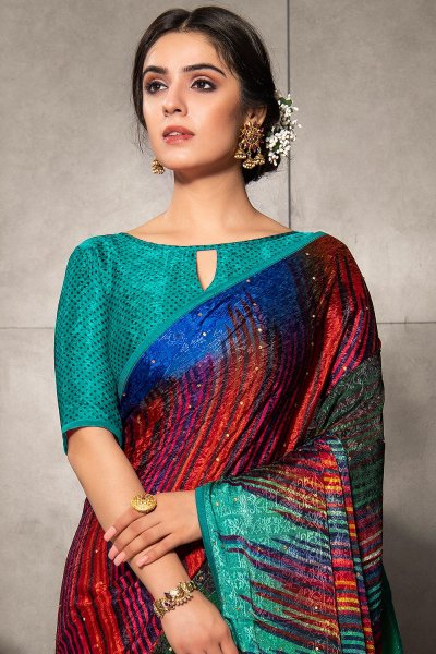 Multi Colour Silk Jacquard Printed Saree With Turquoise Blue Blouse