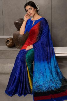Royal Blue Silk Jacquard Multi Colour Printed Saree