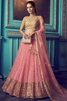 Blush Pink Party Wear Net Lehenga with Beautiful Sequin Work And Yellow Blouse