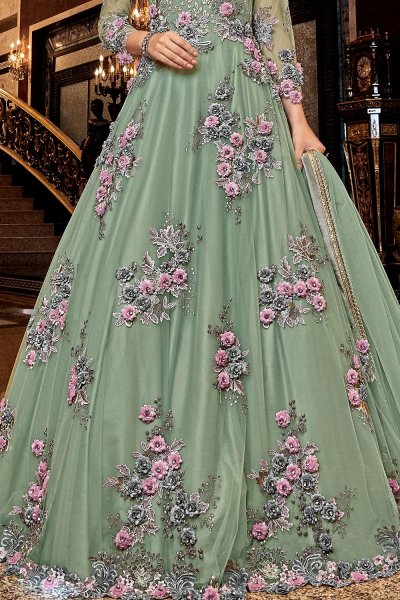 Soft Green Net Anarkali Suit with Satin Floral Work