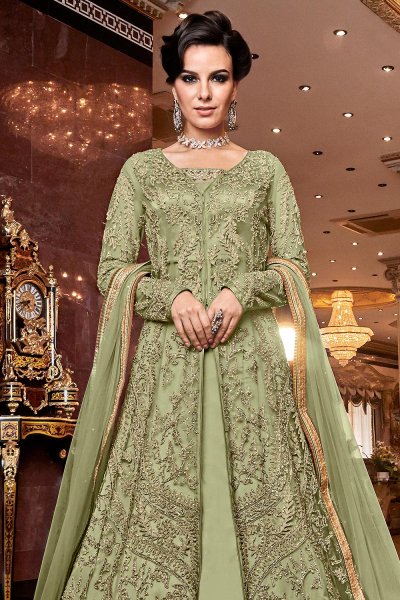 Sage Green Embroidered Front Slit Anarkali Suit with Pant/Lehenga