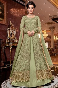 Sage Green Embroidered Front Slit Anarkali Suit with Pant/Lehenga