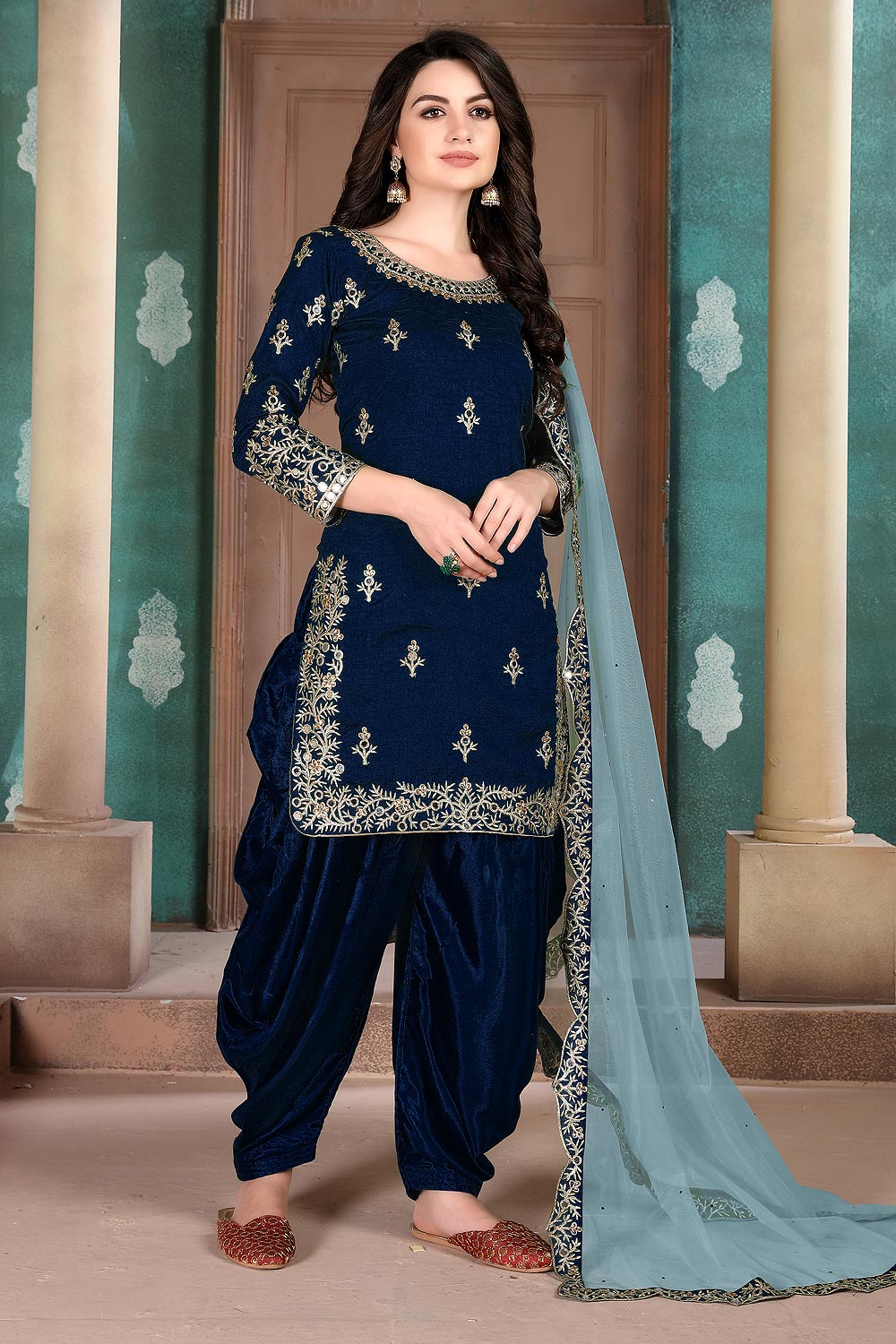 Navy Blue Silk Crafted Patiala Style Salwar Suit