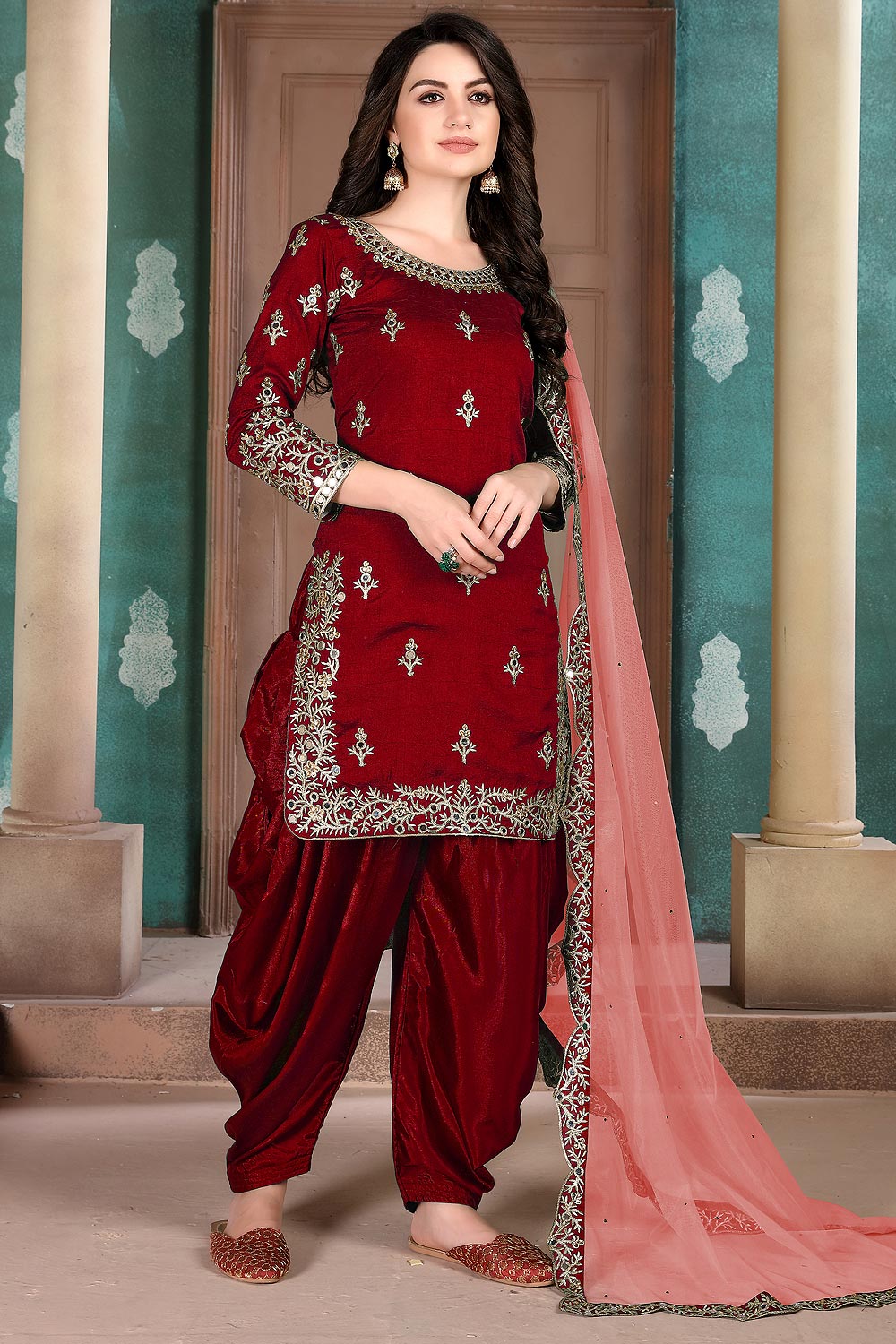 Maroon Silk Crafted Patiala Style Salwar Suit