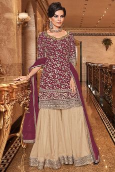 Gorgeous Wine Embroidered Sharara Set in Net