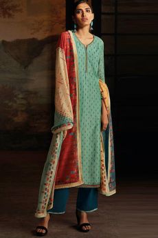 Turquoise Green Silk Palazzo Suit with Hand Embroidery